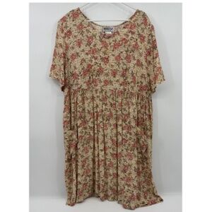 More Jazz Dress Women 3X Tan Pink Floral Pockets Vintage 90s Babydoll Y2K